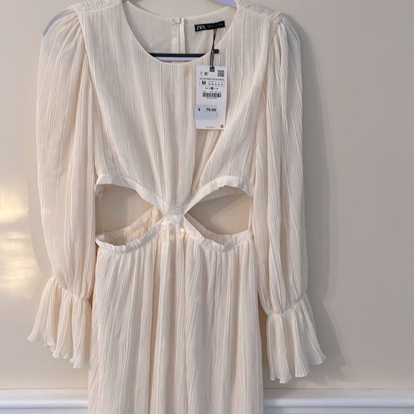 ZARA Cream Crinkly Midriff Cut Out Midi Dress M NWT - Picture 7 of 16
